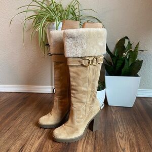 Coach Tan Heeled Boots with Fur Trim